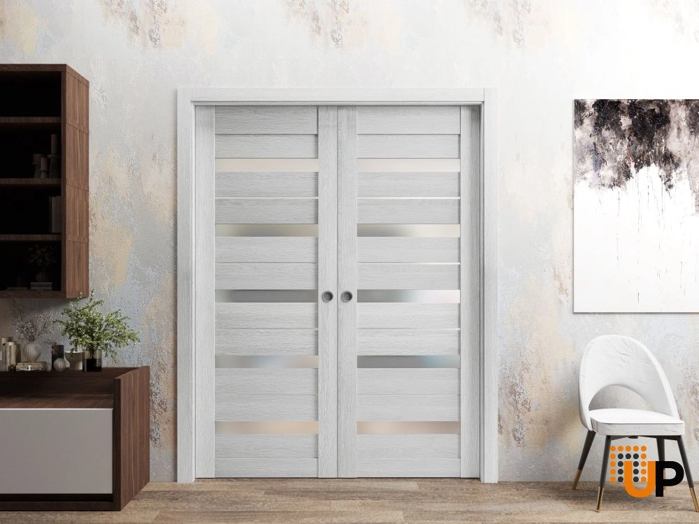 Single mdf modern interior door slab with frosted glass | Quadro 4445  Light Grey Oak | 18 x 80 photo#2