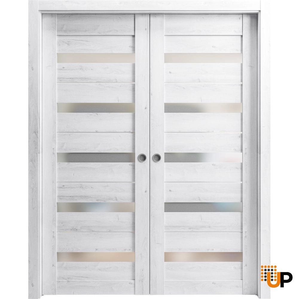 Double mdf sliding modern interior pocket double door with frosted glass | Quadro 4445  Nordic White | 36 x 80 (2* 18x80) photo#1
