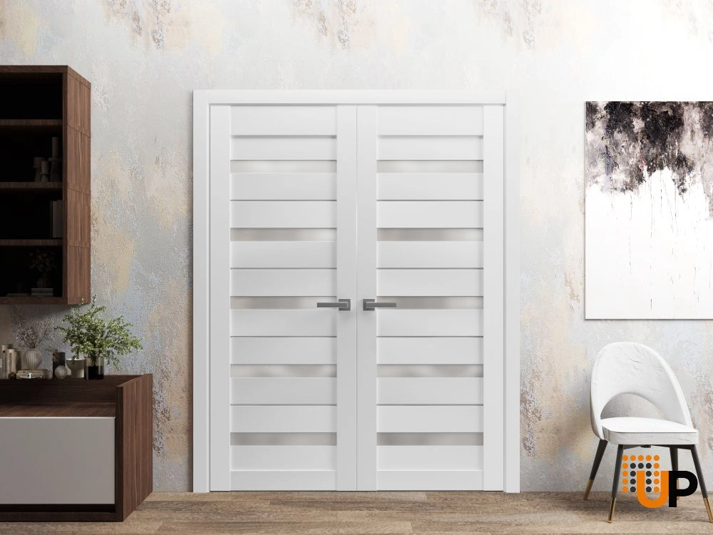 Double mdf french interior swing double door with frosted glass | Quadro 4445  White | 36 x 80 (2* 18x80) photo#2