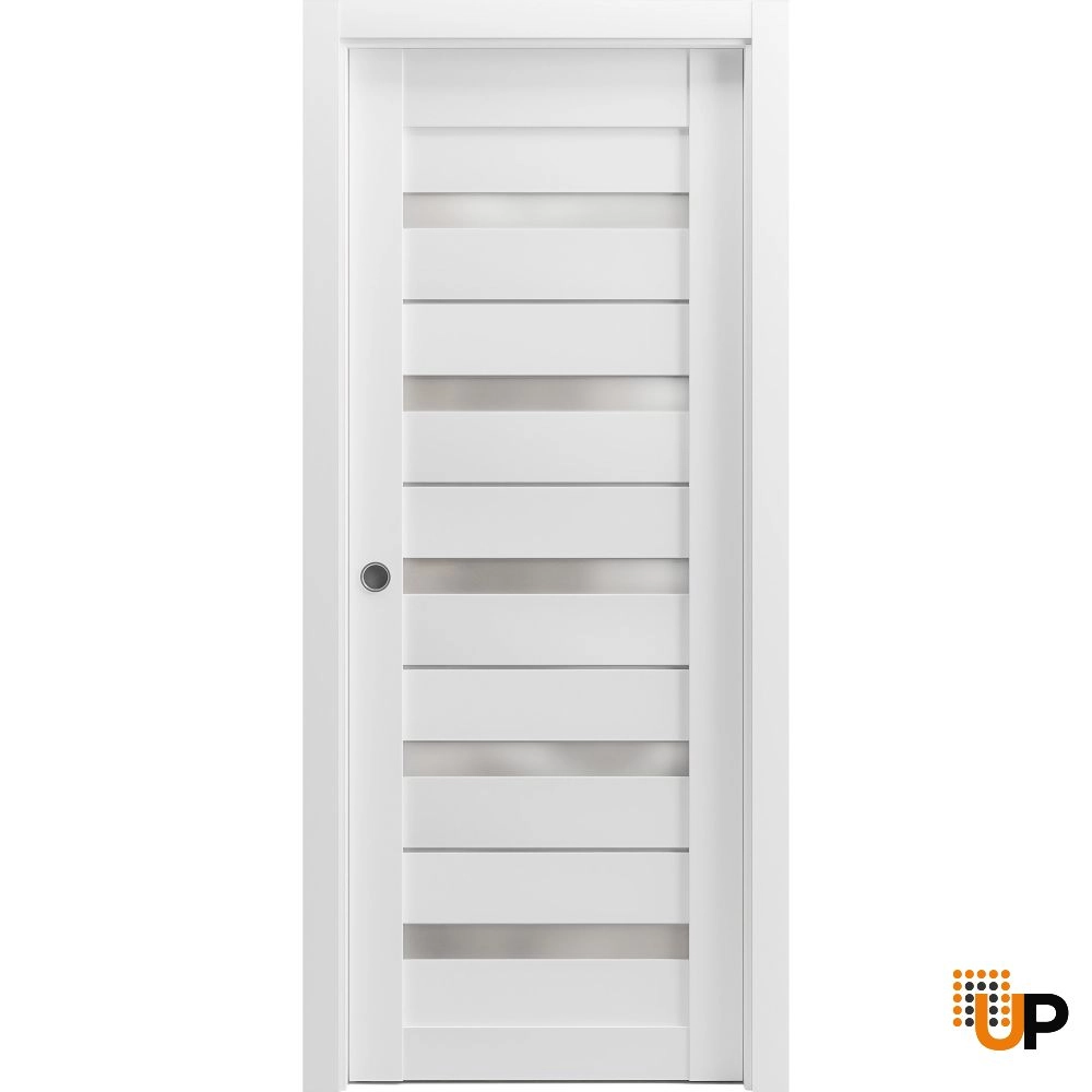 Single mdf sliding modern interior pocket door with frosted glass | Quadro 4445  White | 18 x 80 photo#1