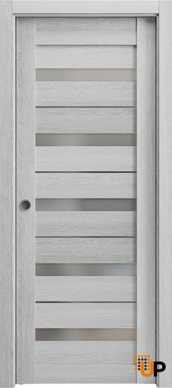 Single mdf sliding modern interior pocket door with frosted glass | Quadro 4445  Light Grey Oak | 42 x 96 photo#1