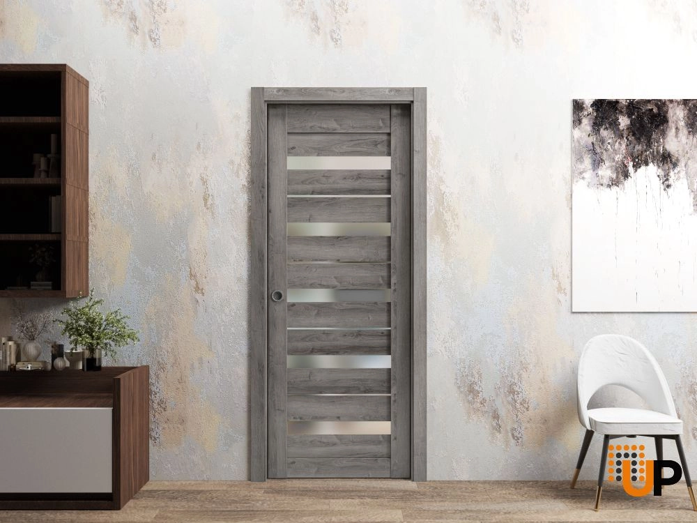 Single mdf modern interior door slab with frosted glass | Quadro 4445  Nebraska Grey | 18 x 80 photo#2
