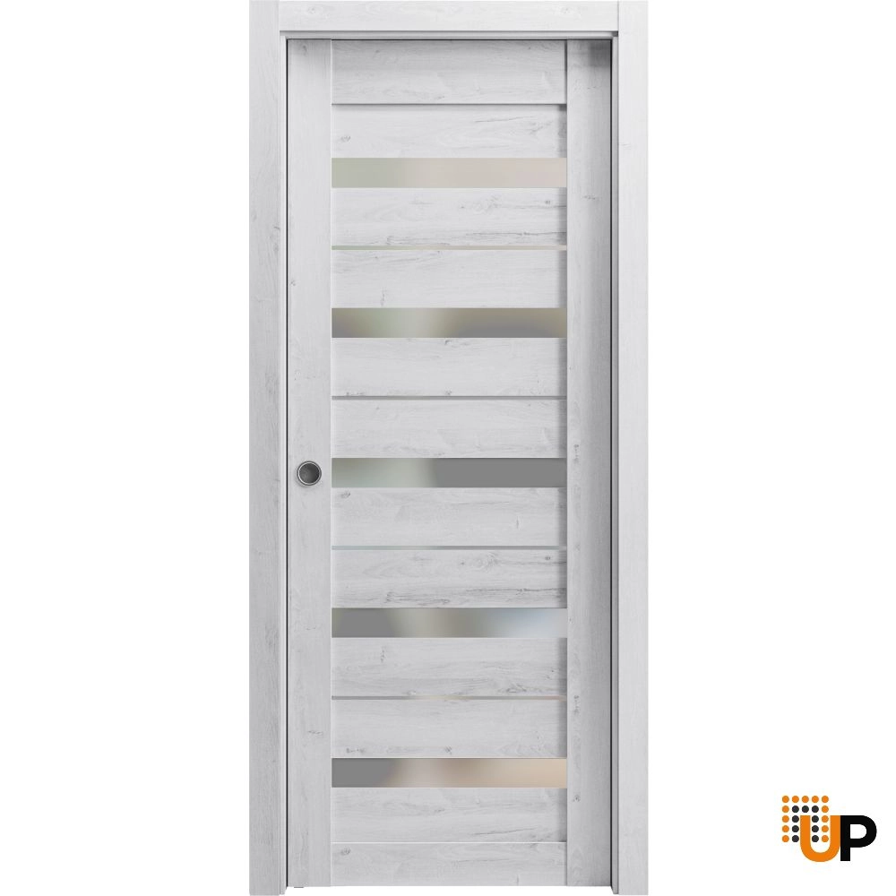 Single mdf sliding modern interior pocket door with frosted glass | Quadro 4445  Nordic White | 18 x 80 photo#1