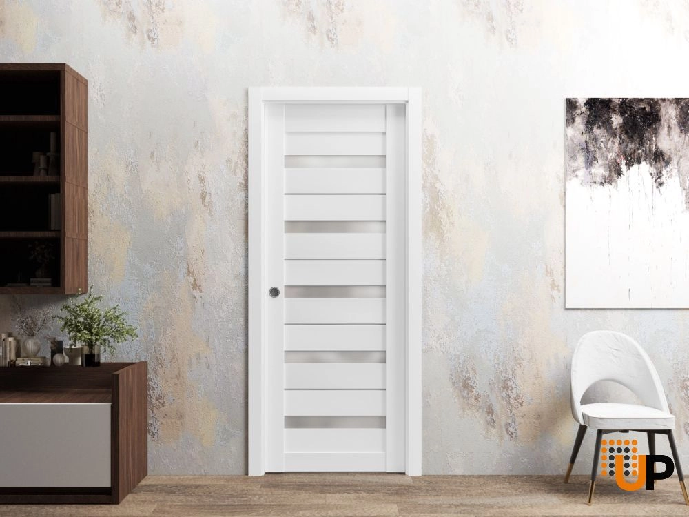 Single mdf sliding modern interior pocket door with frosted glass | Quadro 4445  White | 18 x 80 photo#2