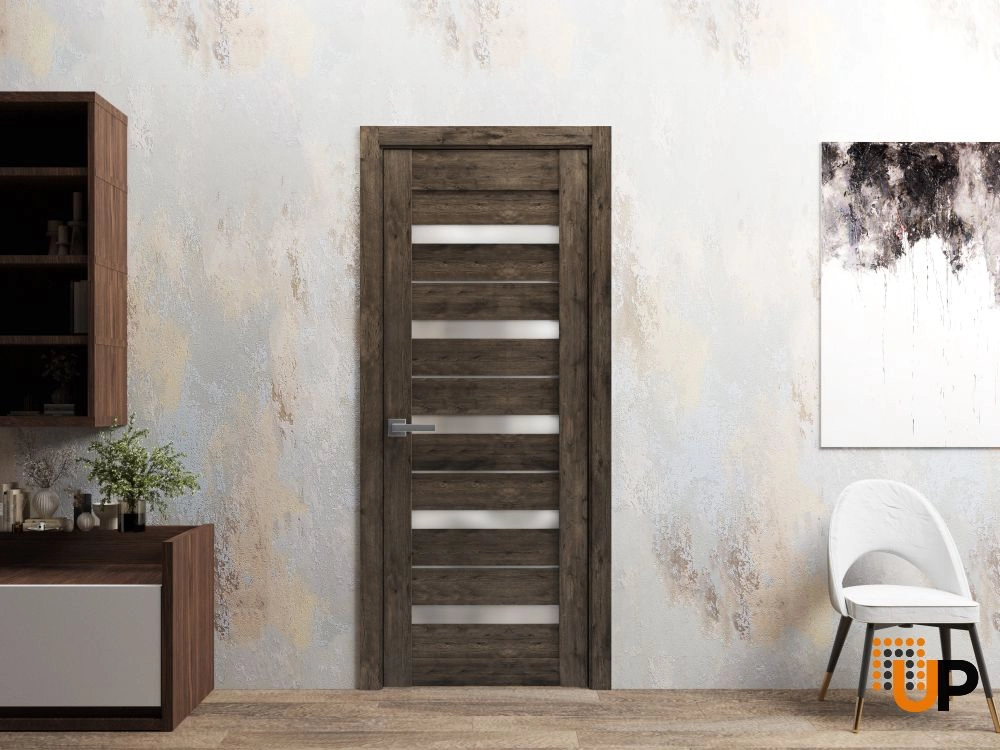 Single mdf modern interior swing door with frosted glass | Quadro 4445  Cognac Oak | 18 x 80 photo#2
