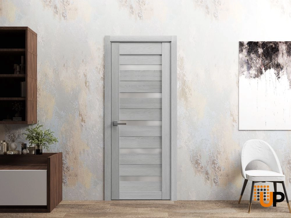 Single mdf modern interior swing door with frosted glass | Quadro 4445  Light Grey Oak | 18 x 80 photo#2