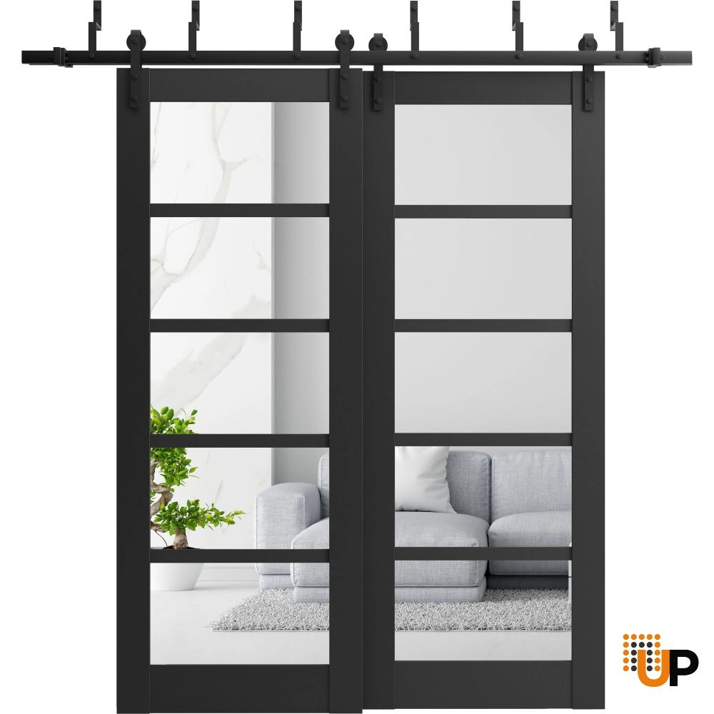 Double mdf sliding luxury interior barn bypass door with clear glass | Quadro 4522 Black Matte | 36 x 80 (2* 18x80) photo#1