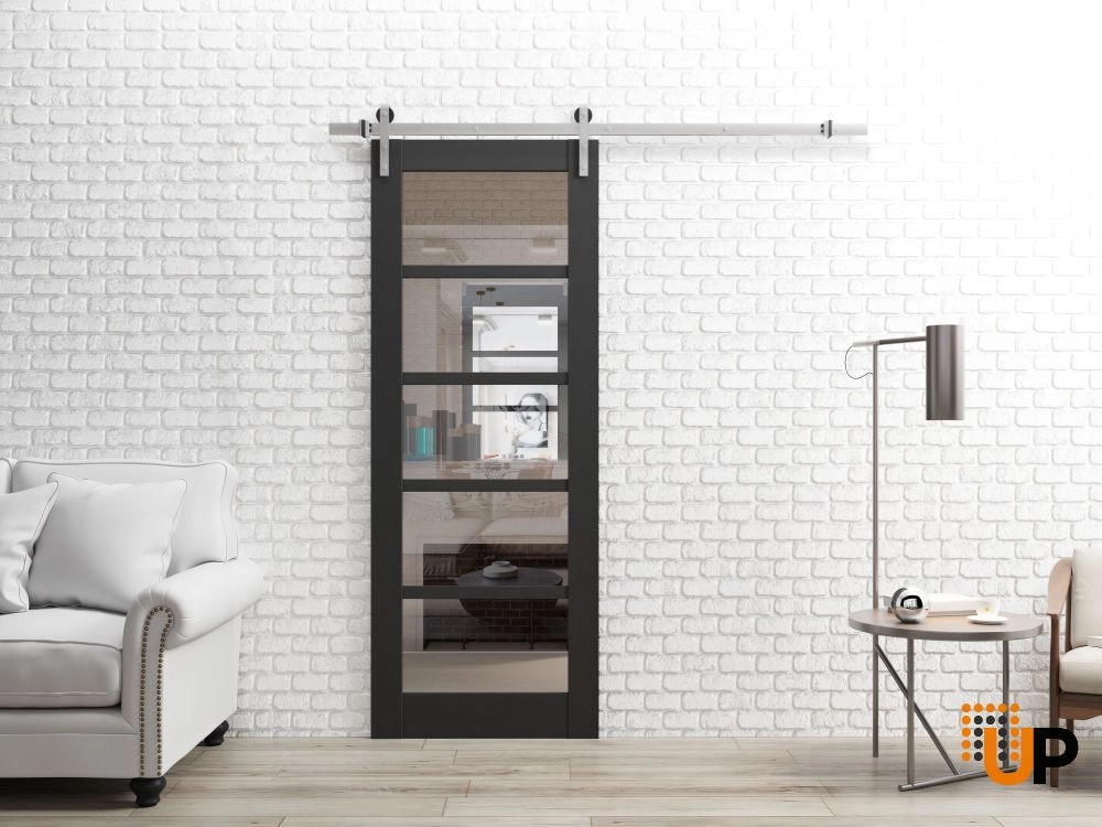 Single mdf sliding luxury interior barn door with clear glass | Quadro 4522 Black Matte | 18 x 80 photo#2