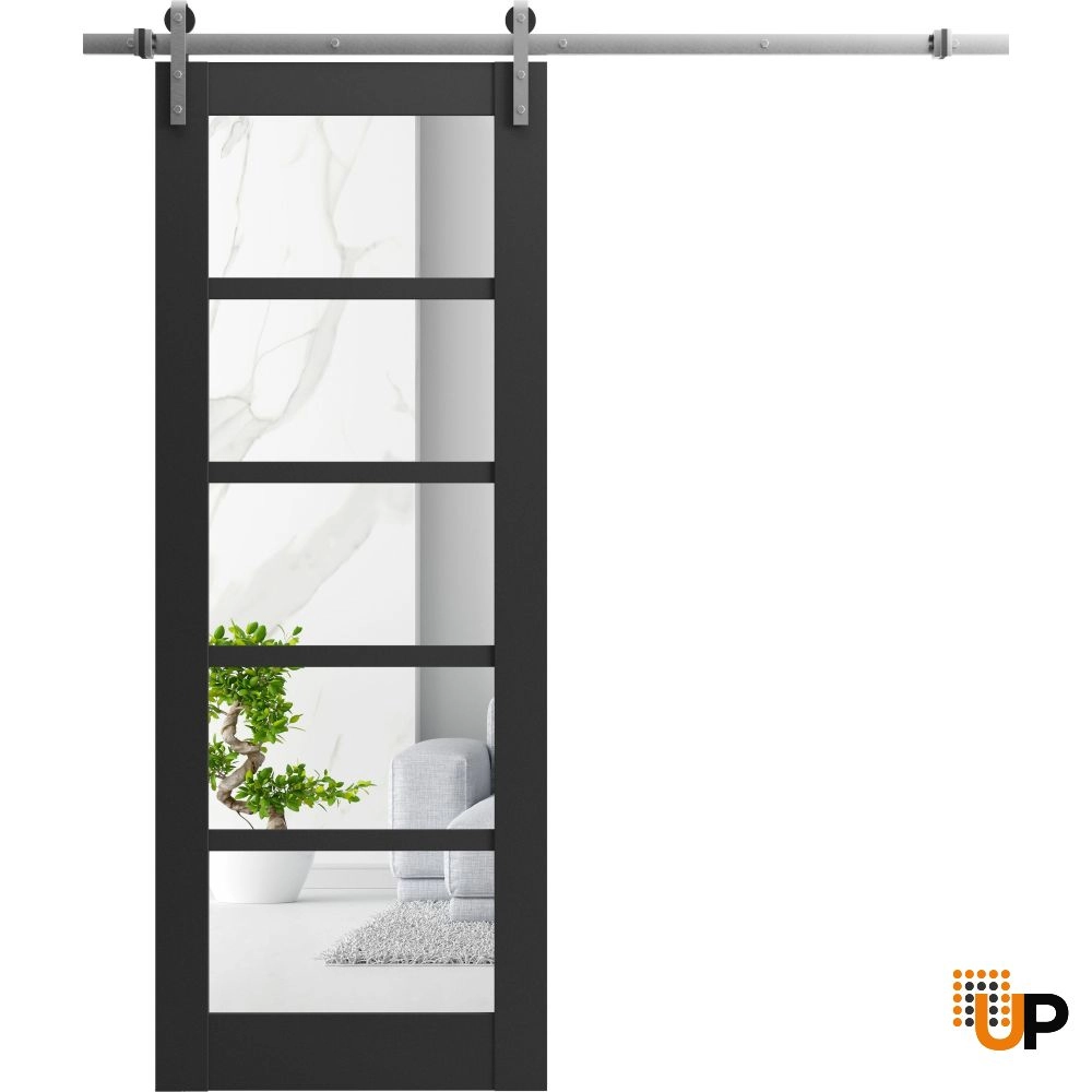 Single mdf sliding luxury interior barn door with clear glass | Quadro 4522 Black Matte | 18 x 80 photo#1