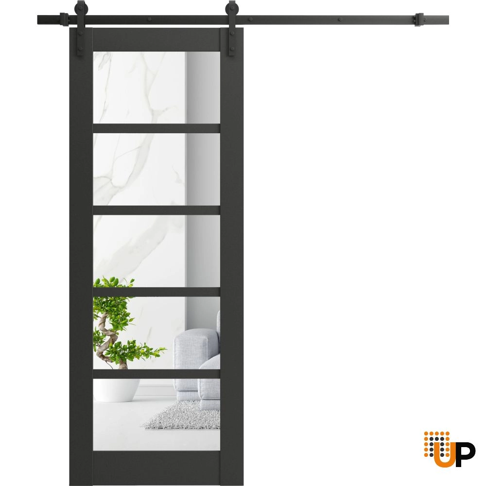 Single mdf sliding luxury interior barn door with clear glass | Quadro 4522 Black Matte | 18 x 80 photo#1