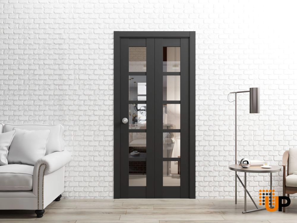 2 folding panels mdf sliding french interior bi-fold door with clear glass | Quadro 4522 Black Matte | 36 x 80 (2* 18x80) photo#2
