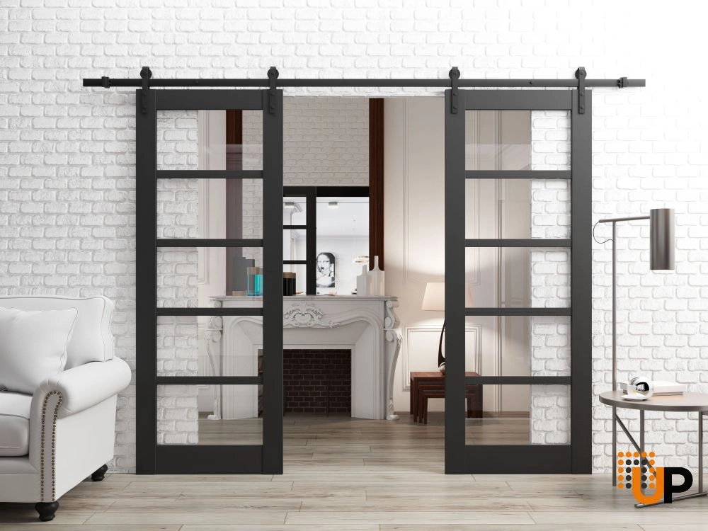 Double mdf sliding french interior barn double door with clear glass | Quadro 4522 Black Matte | 36 x 80 (2* 18x80) photo#2
