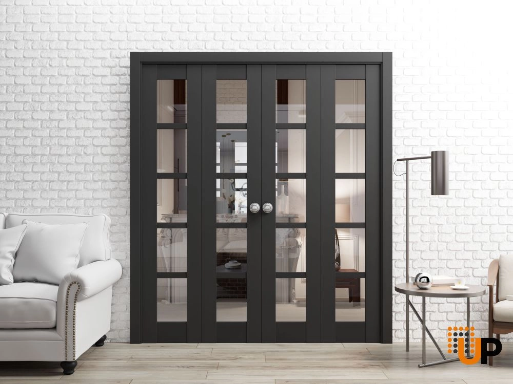 4 folding panels mdf sliding french interior bi-fold double door with clear glass | Quadro 4522 Black Matte | 72 x 80 (4* 18x80) photo#2