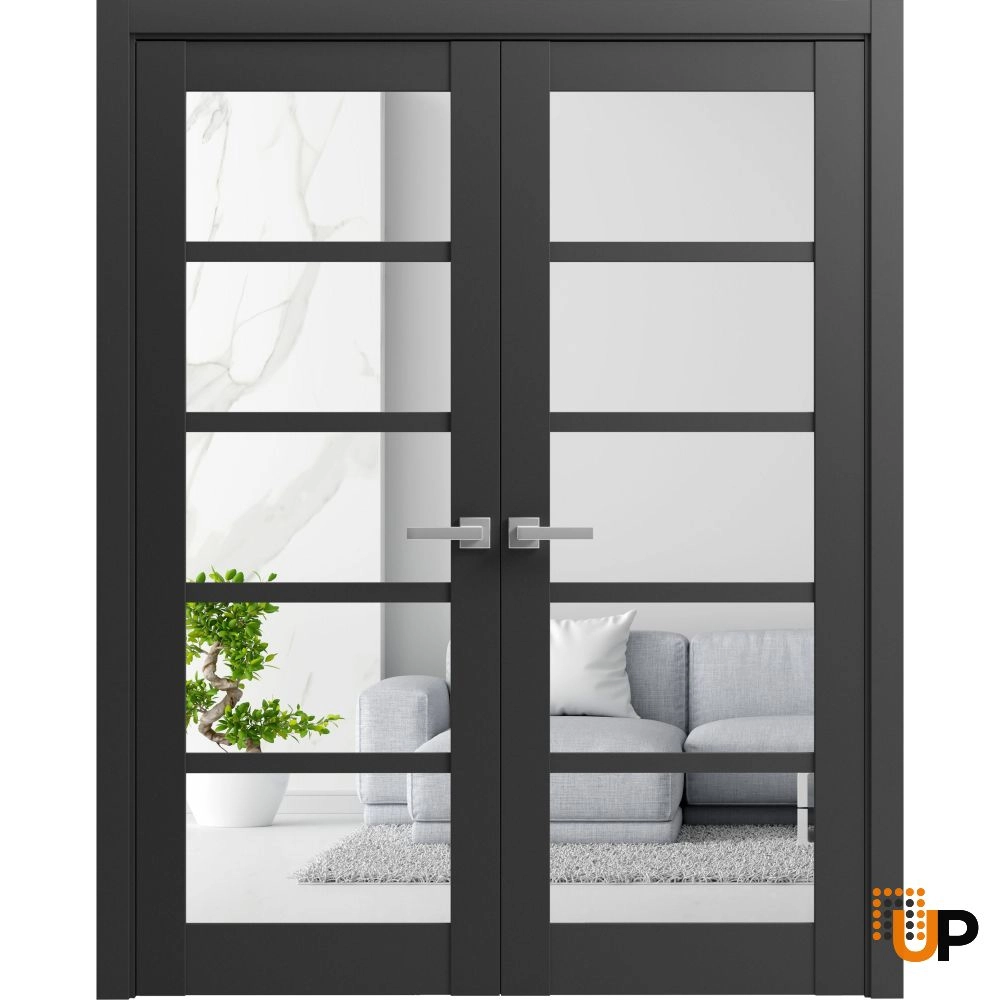Double mdf french interior swing double door with clear glass | Quadro 4522 Black Matte | 36 x 80 (2* 18x80) photo#1