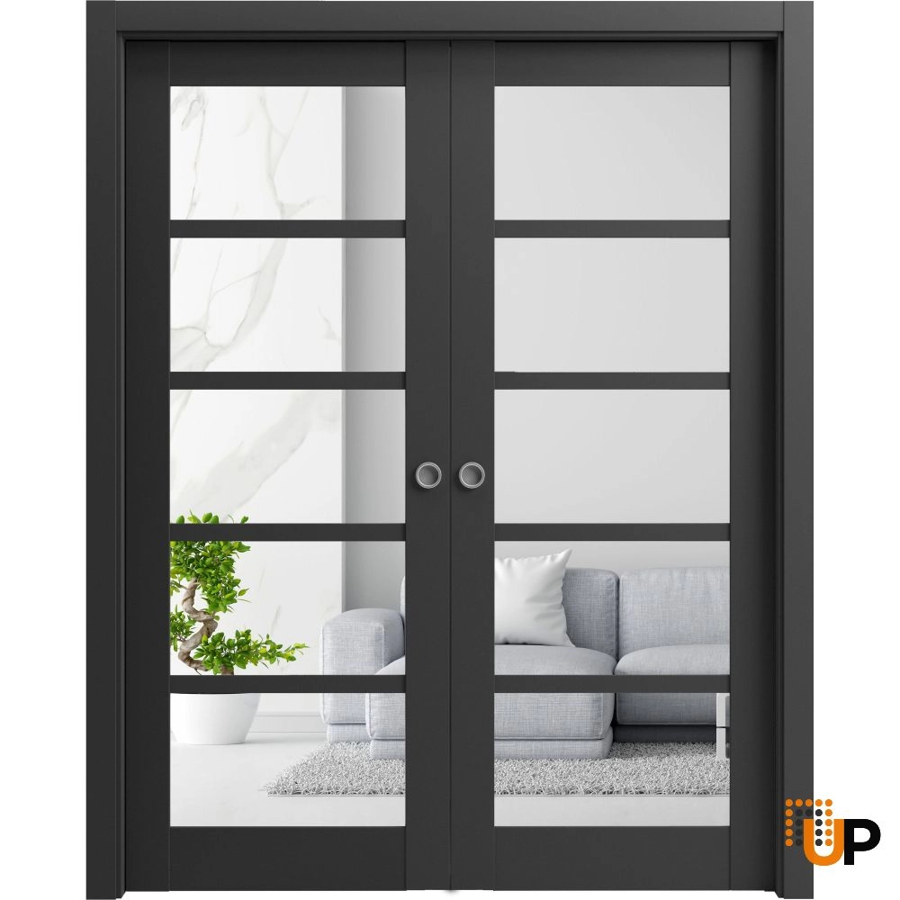 Double mdf sliding french interior pocket double door with clear glass | Quadro 4522 Black Matte | 36 x 80 (2* 18x80) photo#1