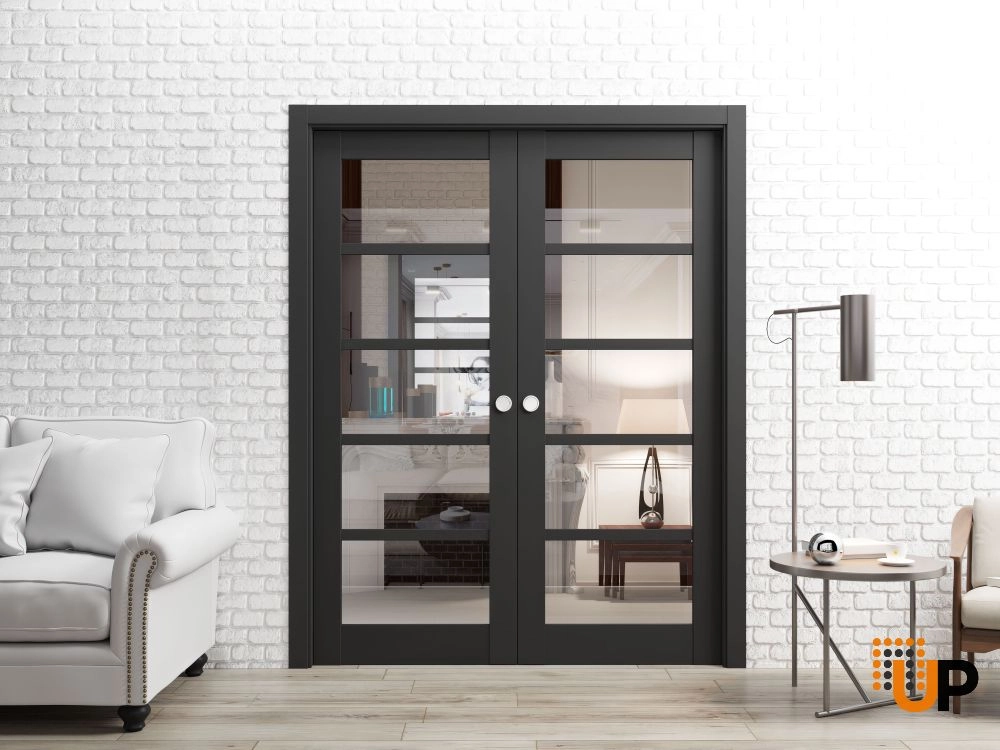Single mdf luxury interior door slab with clear glass | Quadro 4522 Black Matte | 18 x 80 photo#2