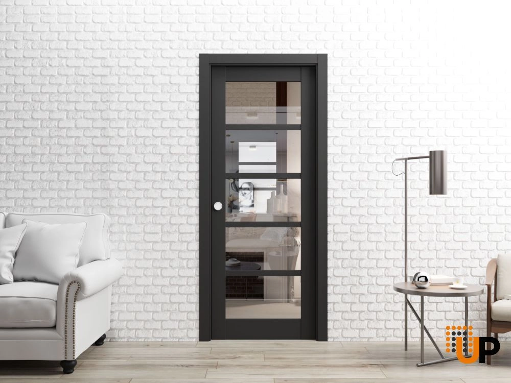 Single mdf sliding luxury interior pocket door with clear glass | Quadro 4522 Black Matte | 32 x 96 photo#2