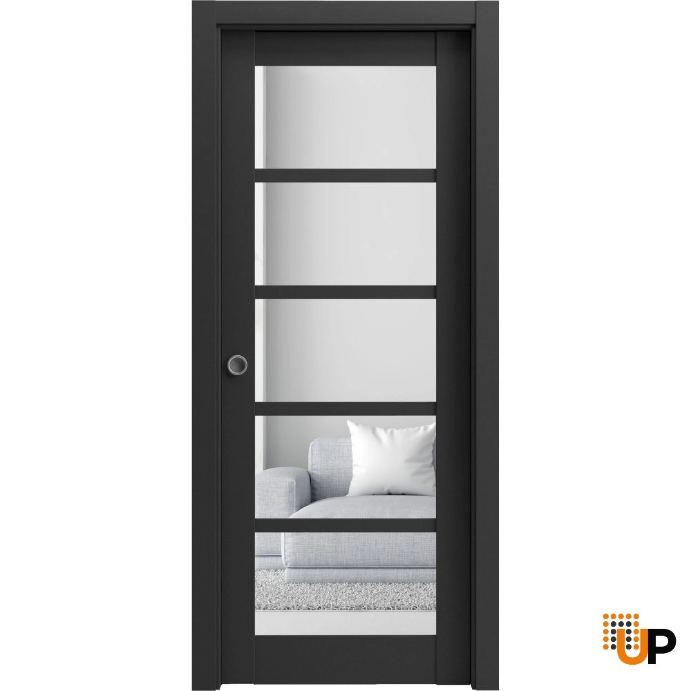 Single mdf sliding luxury interior pocket door with clear glass | Quadro 4522 Black Matte | 18 x 80 photo#1