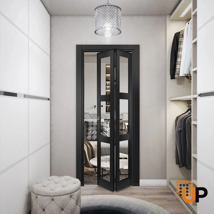2 folding panels solid core sliding french interior bi-fold door with clear glass | Lucia 2555 Black Matte | 36 x 80 (2* 18x80) photo#2