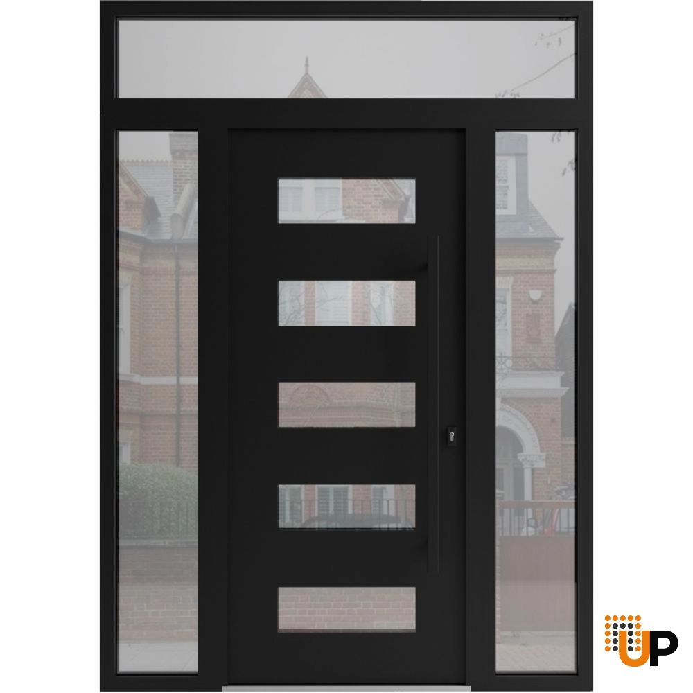 Single swing wrought iron modern exterior door with triplex glass | Iron 0255 Black | 68 x 92 (16+36+16 x 80+12) photo#1