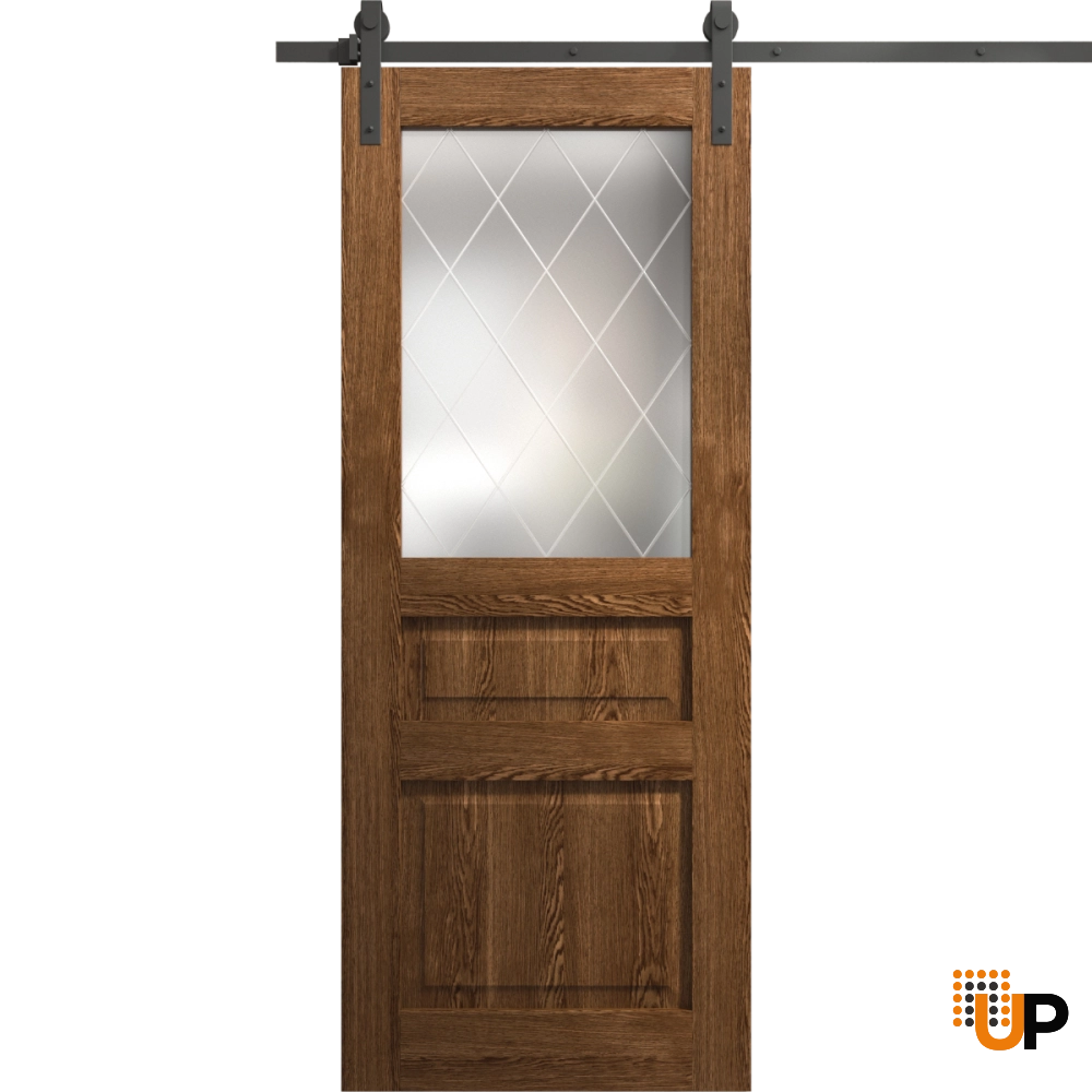 Single solid core sliding interior barn door with frosted glass | Ego 5011  EGO Cognac Oak | 18 x 80 photo#1