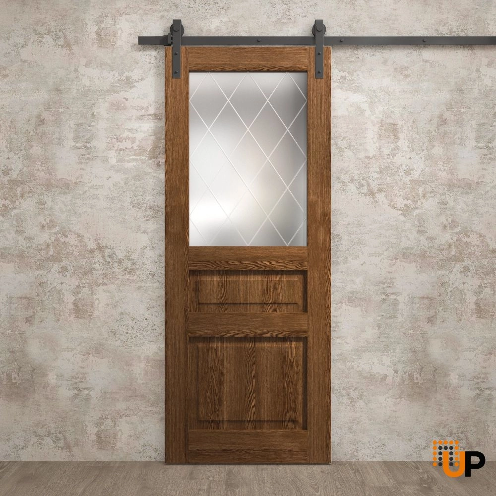 Single solid core sliding interior barn door with frosted glass | Ego 5011  EGO Cognac Oak | 18 x 80 photo#2