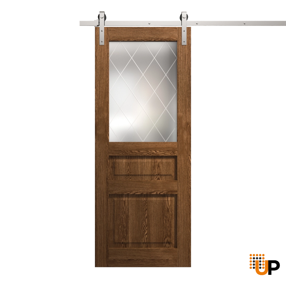Single solid core sliding interior barn door with frosted glass | Ego 5011  EGO Cognac Oak | 42 x 84 photo#1