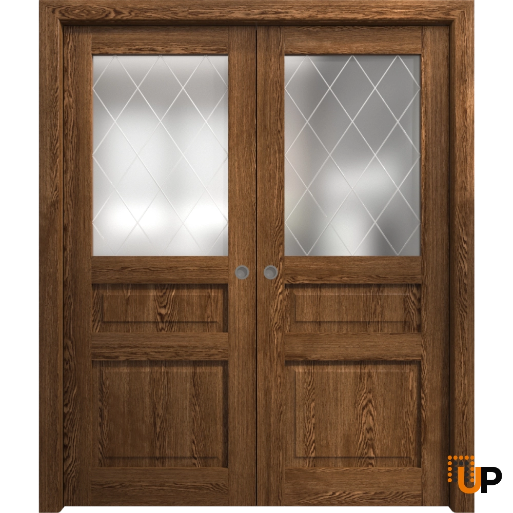 Double solid core sliding interior pocket double door with frosted glass | Ego 5011  EGO Cognac Oak | 36 x 80 (2* 18x80) photo#1
