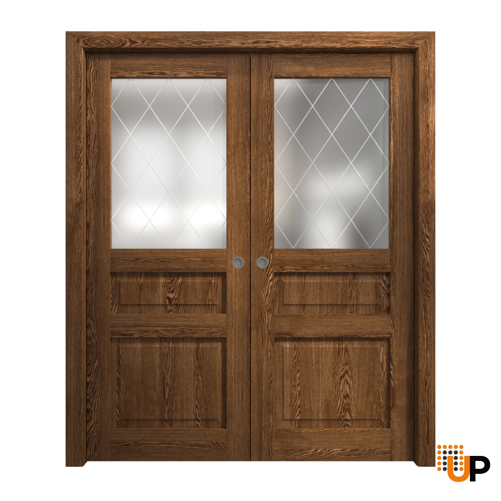 Double solid core sliding interior pocket double door with frosted glass | Ego 5011  EGO Cognac Oak | 84 x 80 (2* 42x80) photo#1