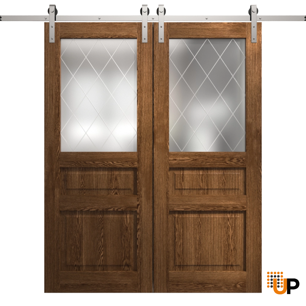Double solid core sliding french interior barn double door with frosted glass | Ego 5011  EGO Cognac Oak | 36 x 80 (2* 18x80) photo#1