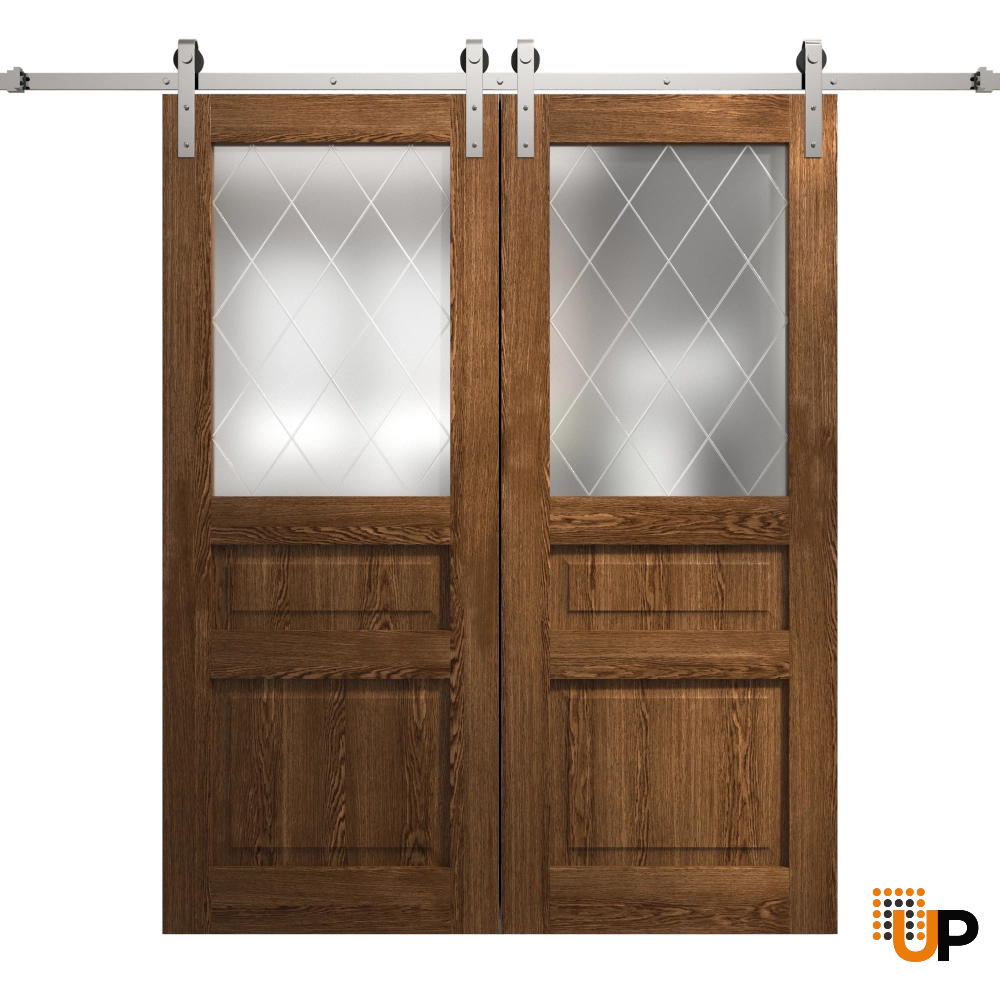 Double solid core sliding french interior barn double door with frosted glass | Ego 5011  EGO Cognac Oak | 56 x 80 (2* 28x80) photo#1