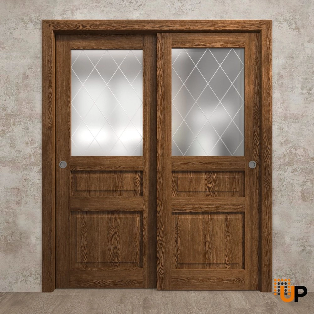 Double solid core sliding interior closet bypass door with frosted glass | Ego 5011  EGO Cognac Oak | 36 x 80 (2* 18x80) photo#2