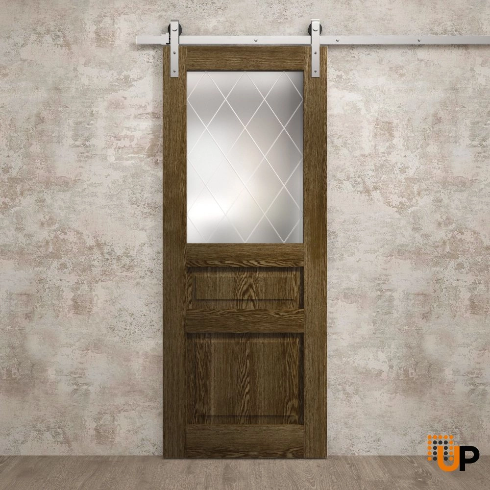 Single solid core sliding interior barn door with frosted glass | Ego 5011  EGO Marble Oak | 18 x 80 photo#2