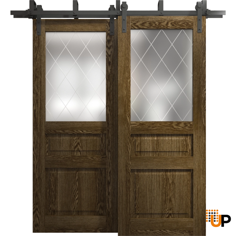 Double solid core sliding interior barn bypass door with frosted glass | Ego 5011  EGO Marble Oak | 36 x 80 (2* 18x80) photo#1