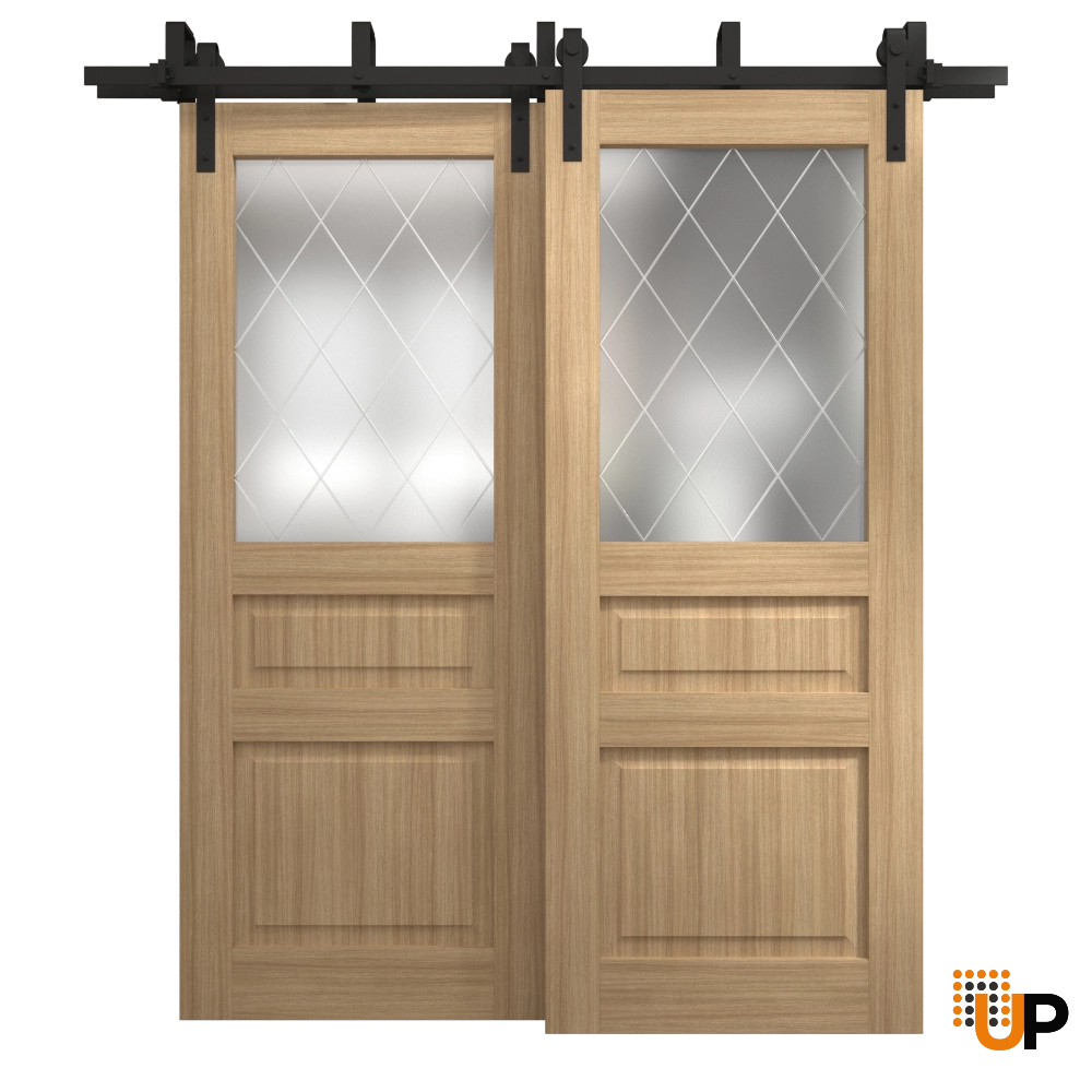 Double solid core sliding interior barn bypass door with frosted glass | Ego 5011 EGO Natural Oak | 60 x 96 (2* 30x96) photo#1