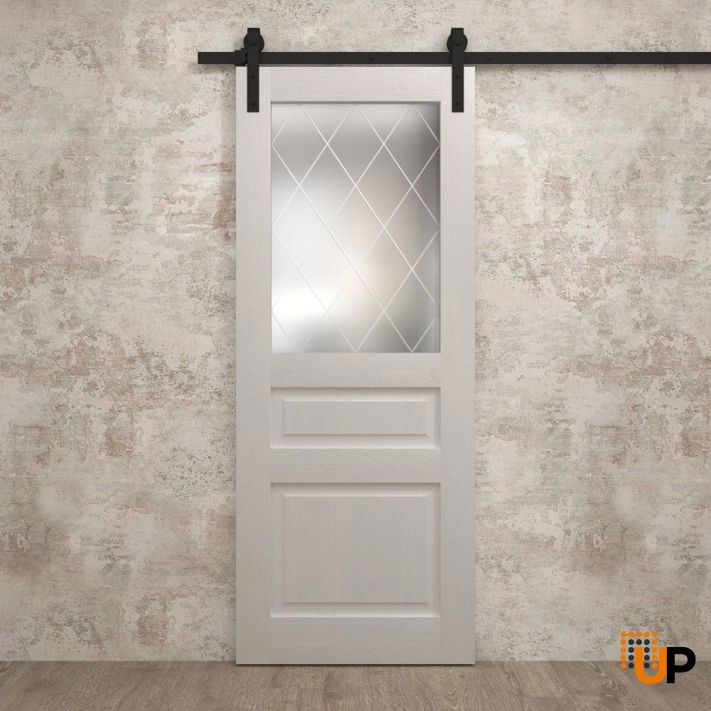 Single solid core sliding interior barn door with frosted glass | Ego 5011  EGO Painted White Oak | 18 x 80 photo#2