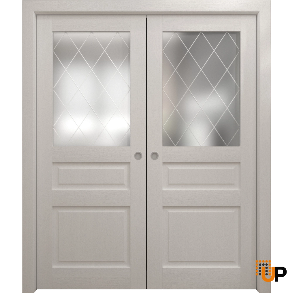 Double solid core sliding interior pocket double door with frosted glass | Ego 5011  EGO Painted White Oak | 36 x 80 (2* 18x80) photo#1