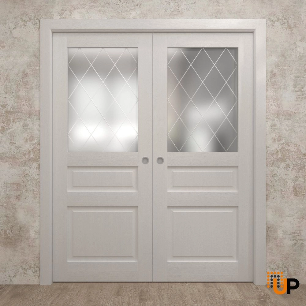 Double solid core sliding interior pocket double door with frosted glass | Ego 5011  EGO Painted White Oak | 36 x 80 (2* 18x80) photo#2