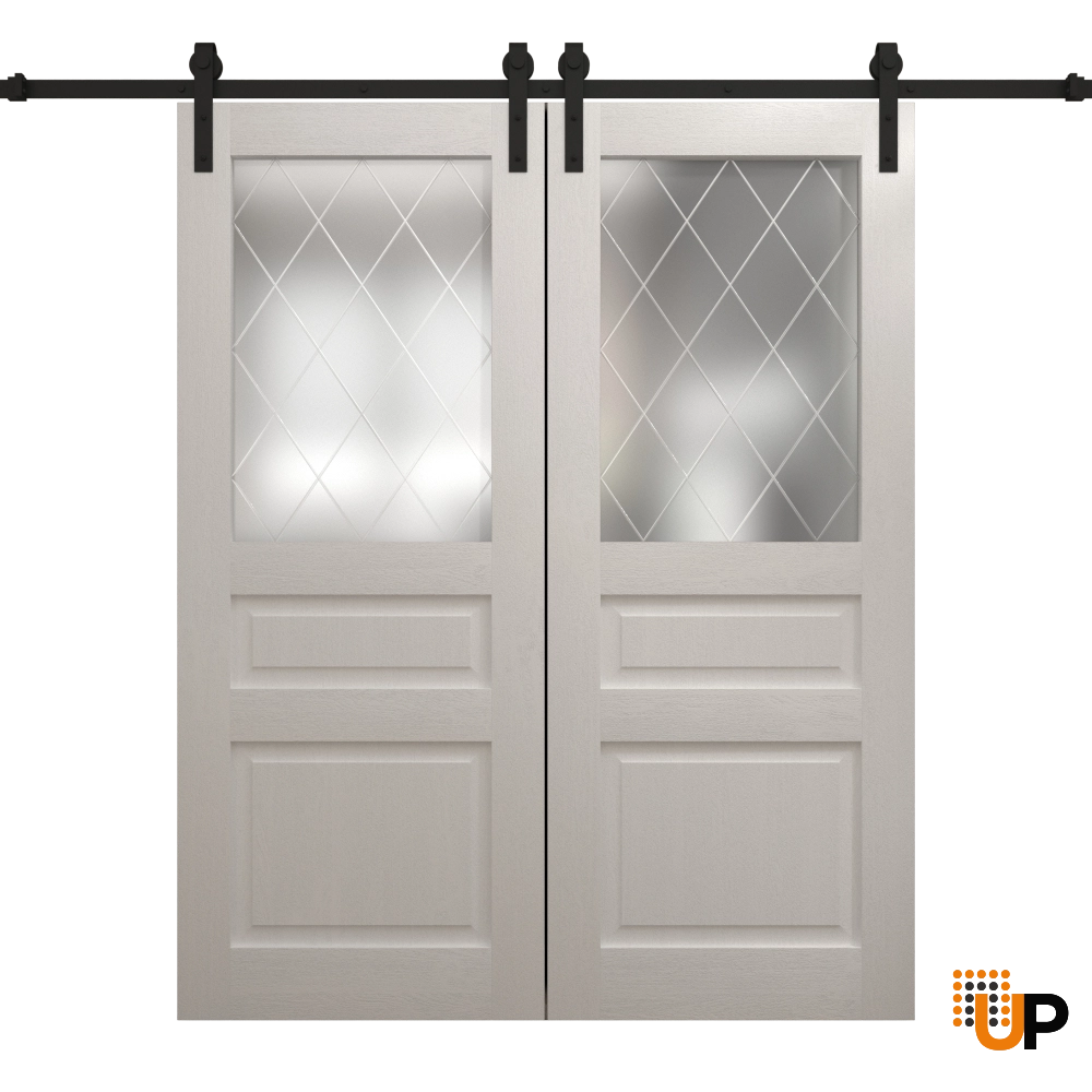 Double solid core sliding french interior barn double door with frosted glass | Ego 5011  EGO Painted White Oak | 56 x 80 (2* 28x80) photo#1