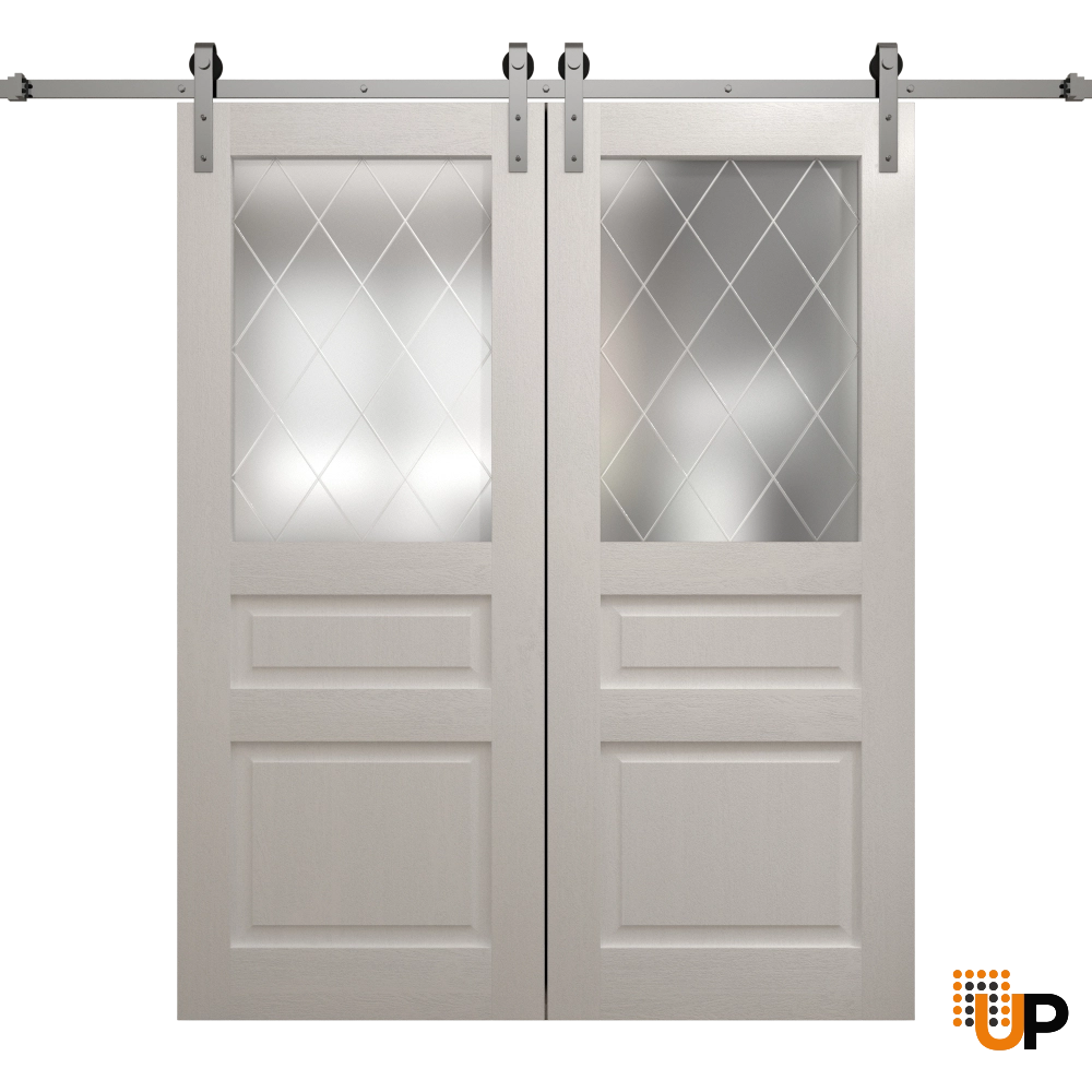 Double solid core sliding french interior barn double door with frosted glass | Ego 5011  EGO Painted White Oak | 56 x 80 (2* 28x80) photo#1