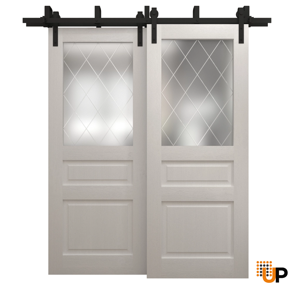 Double solid core sliding interior barn bypass door with frosted glass | Ego 5011  EGO Painted White Oak | 56 x 96 (2* 28x96) photo#1
