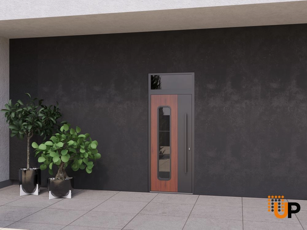 Single swing metal-aluminum modern exterior door with triplex glass | Ronex 0511 Bronze Oak | 36 x 92 (36 x 80+12) photo#3