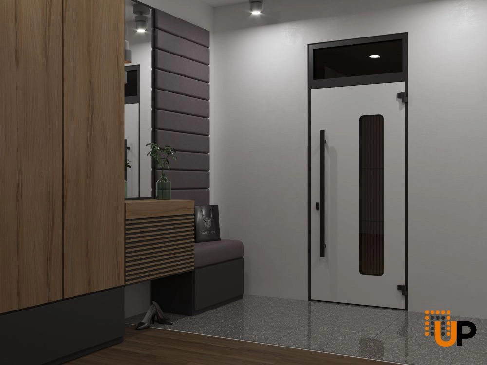 Single swing metal-aluminum modern exterior door with triplex glass | Ronex 0511 Bronze Oak | 36 x 92 (36 x 80+12) photo#4