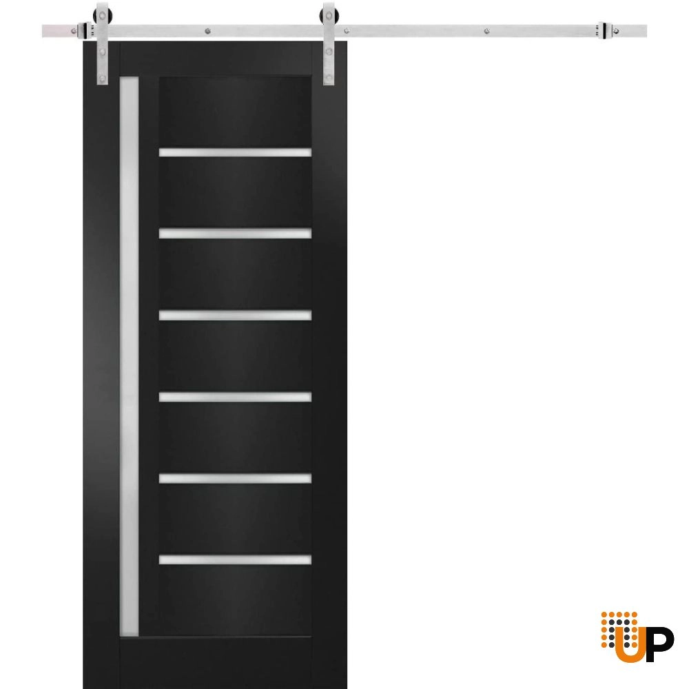 Single mdf sliding modern interior barn door with frosted glass | Quadro 4088  Black Matte | 18 x 80 photo#1