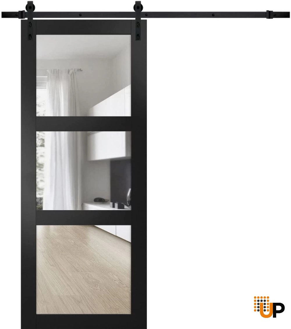 Single solid core sliding luxury interior barn door with clear glass | Lucia 2555 Black Matte | 18 x 80 photo#1