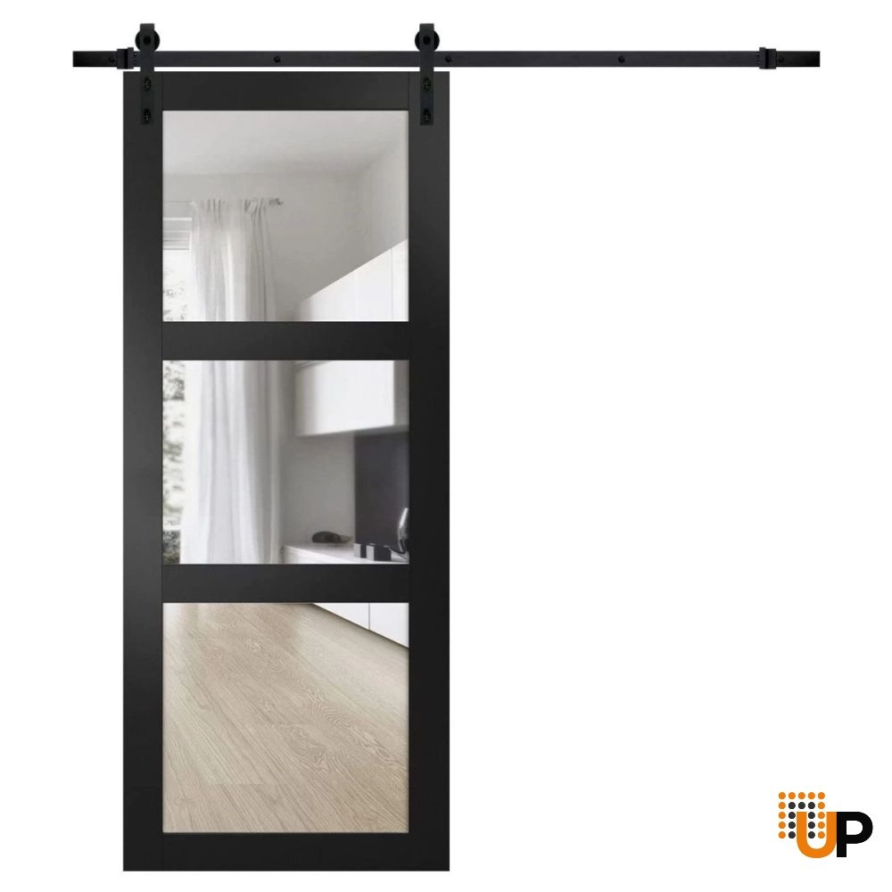 Single solid core sliding luxury interior barn door with clear glass | Lucia 2555 Black Matte | 18 x 80 photo#2