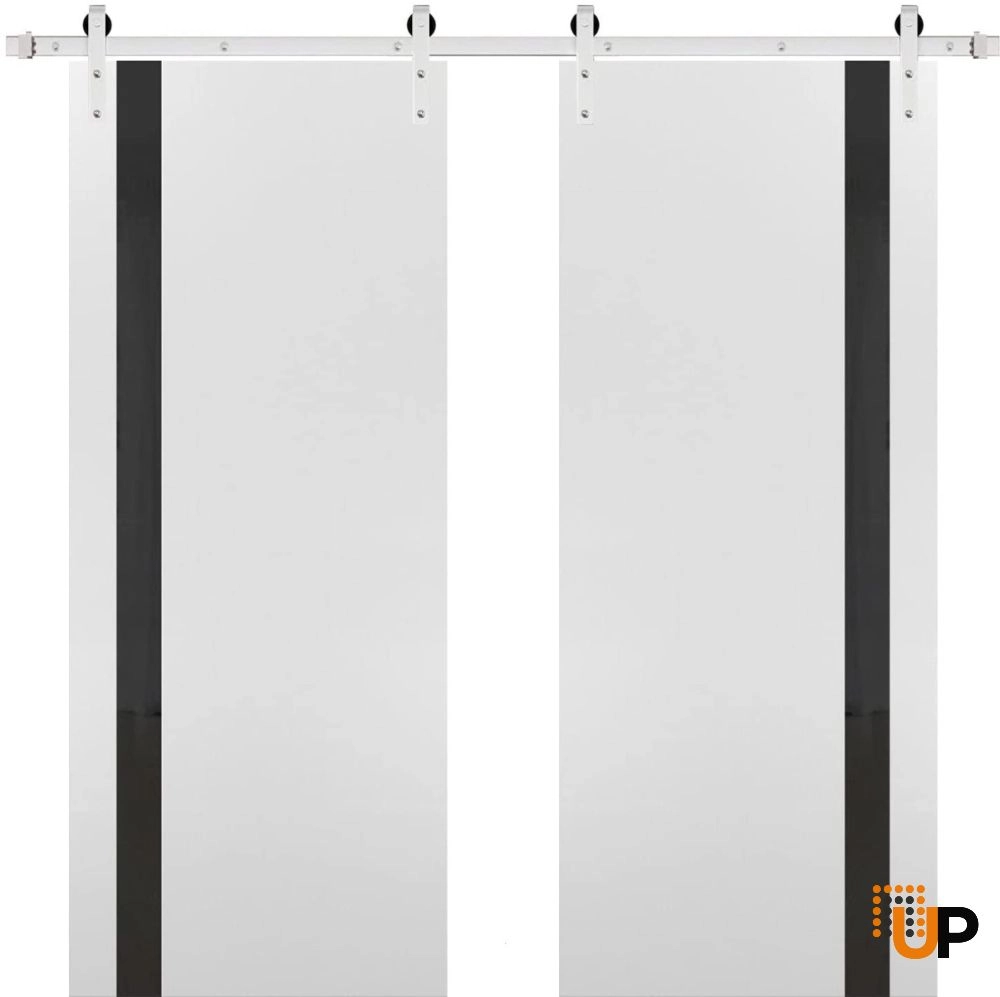 Double solid core sliding flush interior barn double door with black glass | Planum 0040 White | 84 x 80 (2* 42x80) photo#1