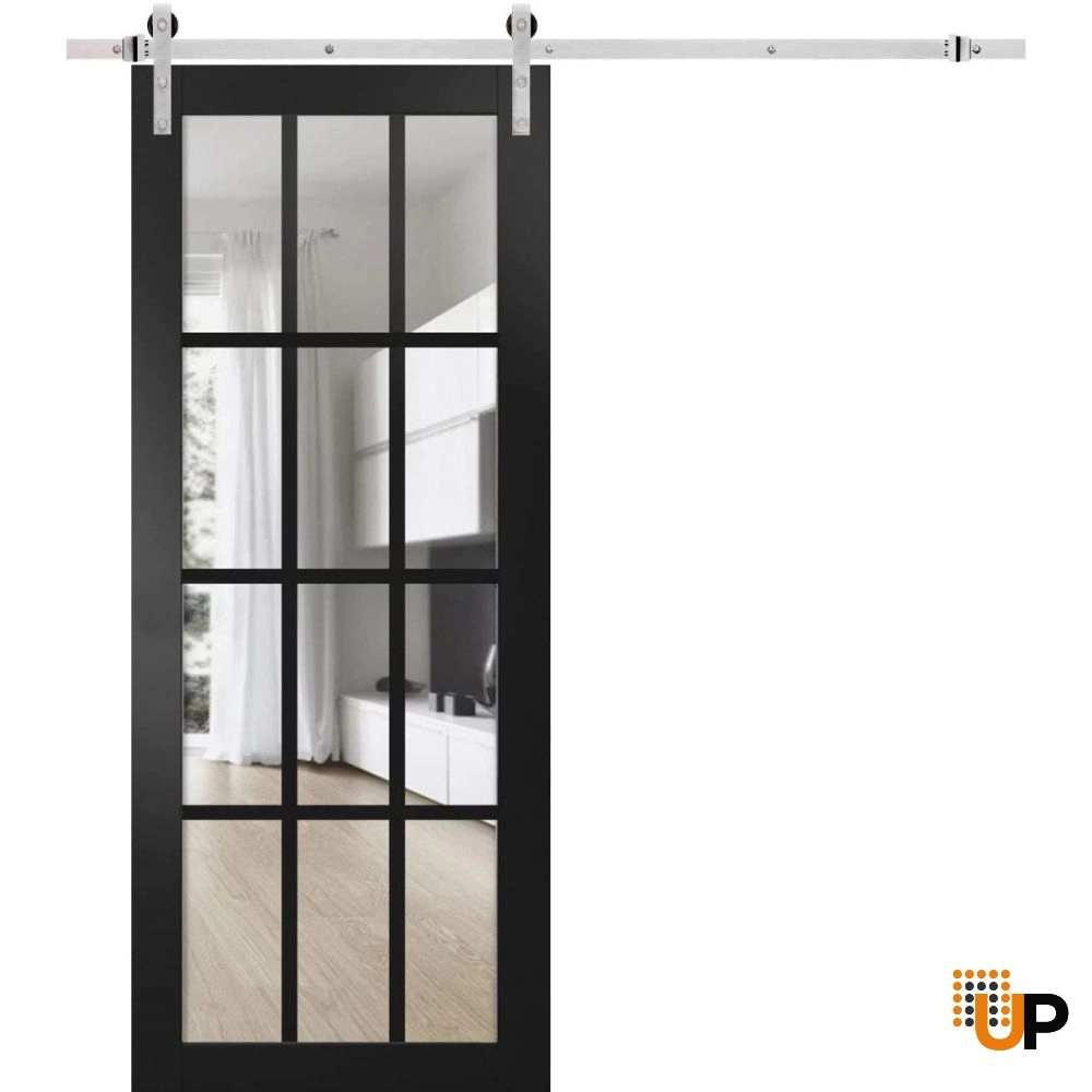 Single solid core sliding classic interior barn door with clear glass | Felicia 3355 Black Matte | 18 x 80 photo#1
