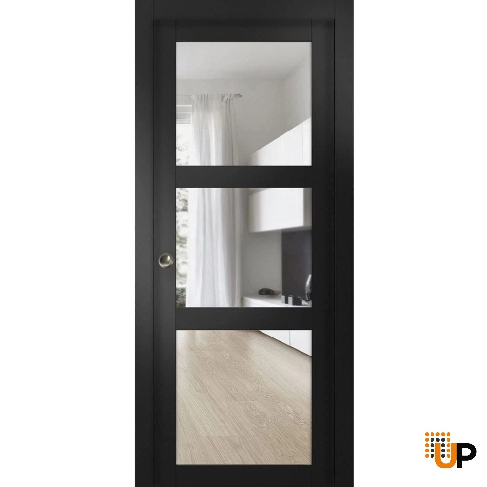 Single solid core sliding luxury interior pocket door with clear glass | Lucia 2555 Black Matte | 24 x 80 photo#1