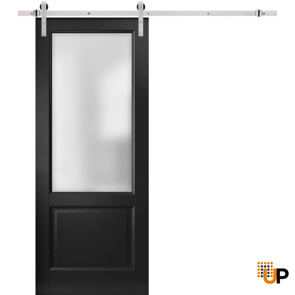 Single solid core sliding classic interior barn door with frosted glass | Lucia 22 Black Matte | 18 x 80 photo#1